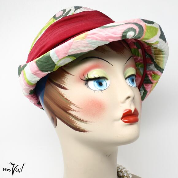 Vintage Accessories - Vintage 60s Bucket Hat Pink Green Mod Go-Go Style Fabric w Curved Brim – Hey Viv